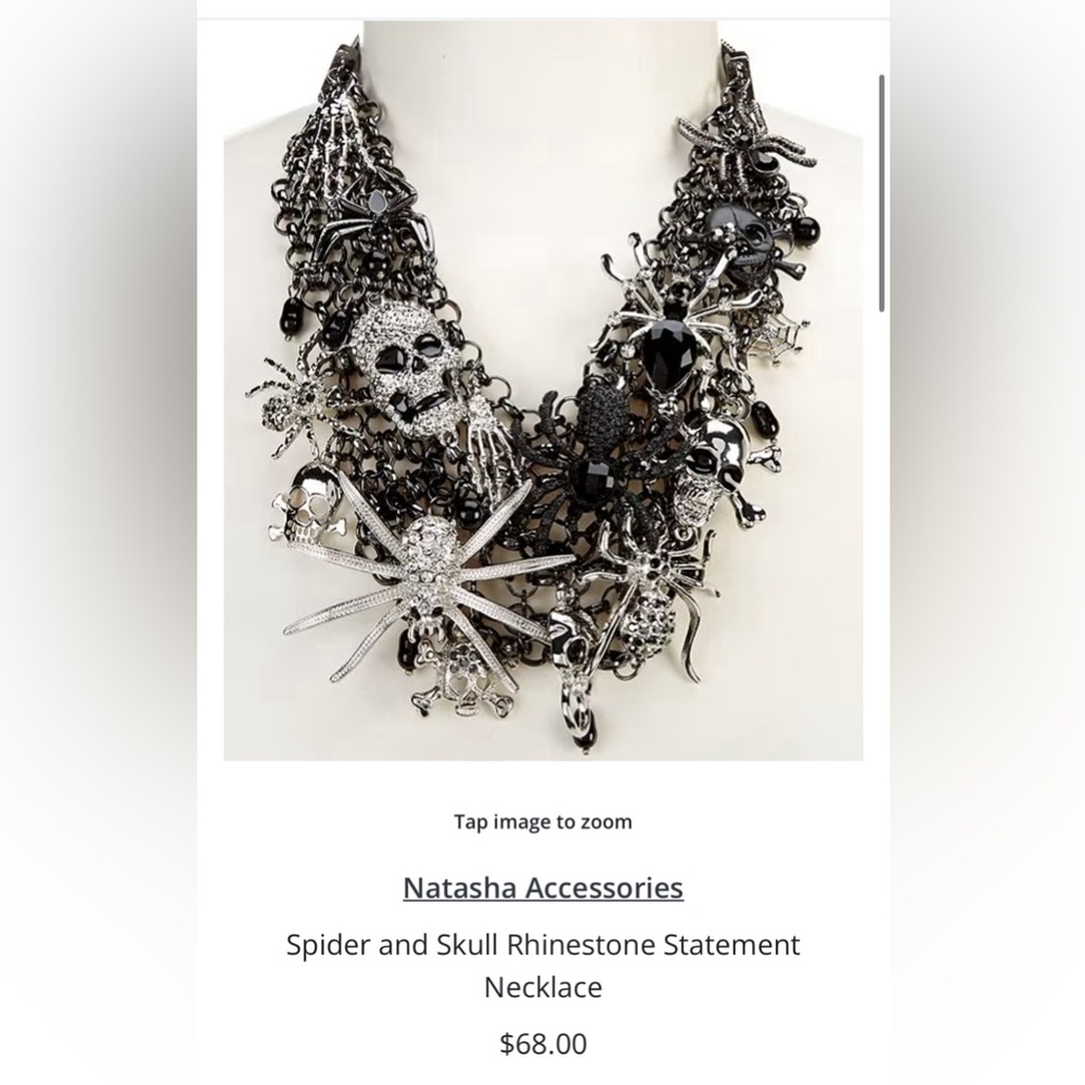NWT ⚜️🖤⚜️ Natasha Spider and Skull Rhinestone Statement Necklace - Picture 7 of 15